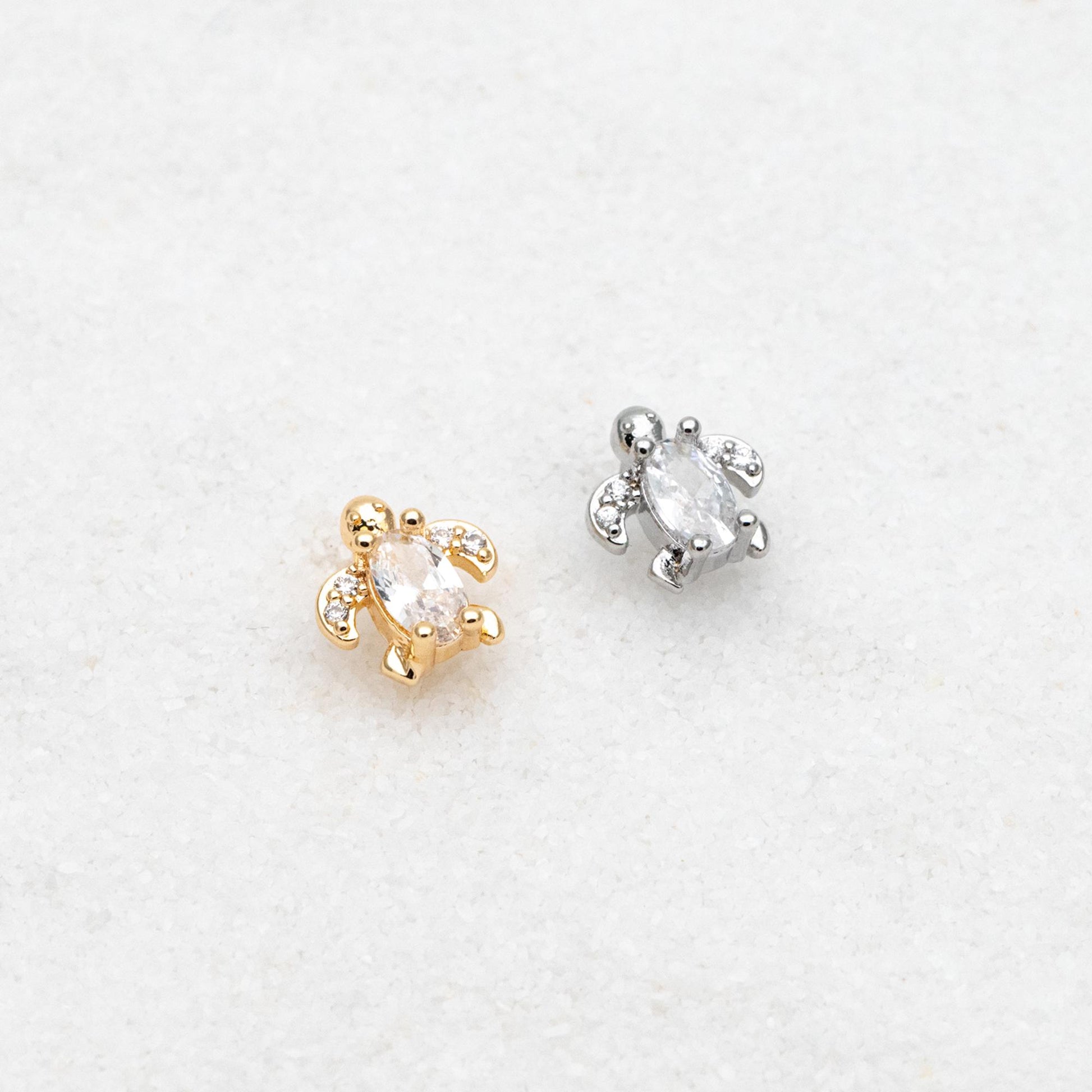 10pcs CZ Pave Gold/ Silver Tone Turtle Earrings, Gold/ Rhodium Plated Brass, Minimalist Stud Earrings (GB-4630)