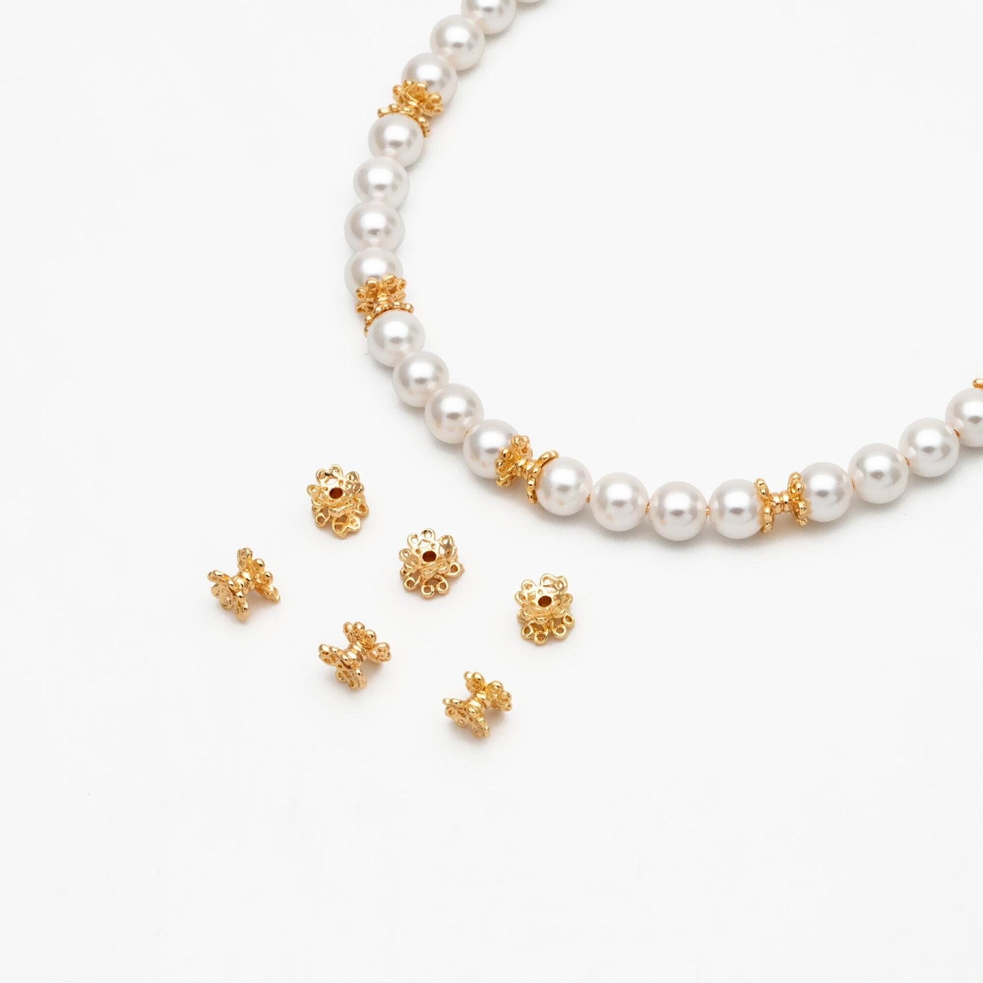 10pcs Gold Floral Bead Caps 6mm, Flower Spacer Beads, Fit 8-12mm Beads, Gold plated Brass Cap Ends (GB-2779)