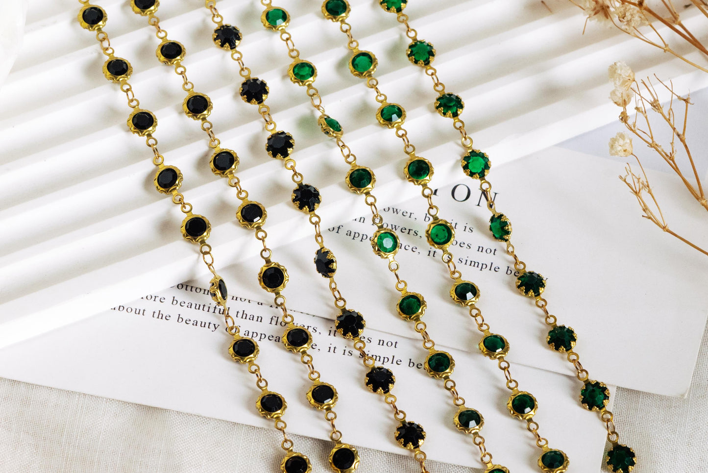 Unplated Raw Brass Designer Chain, Black/ Emerald Green Glass Flat Beaded Links 7mm (#LK-033)/ 1 Meter=3.3ft