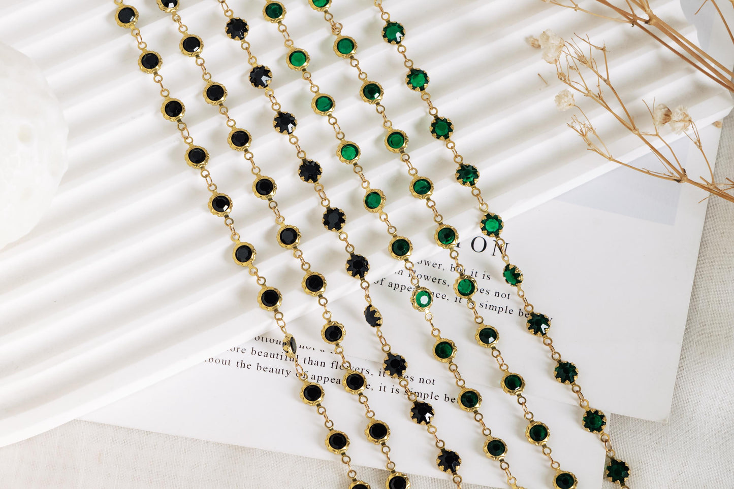 Unplated Raw Brass Designer Chain, Black/ Emerald Green Glass Flat Beaded Links 7mm (#LK-033)/ 1 Meter=3.3ft