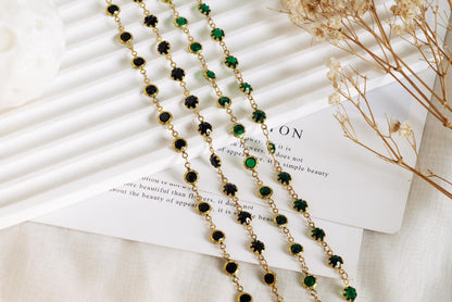 Unplated Raw Brass Designer Chain, Black/ Emerald Green Glass Flat Beaded Links 7mm (#LK-033)/ 1 Meter=3.3ft
