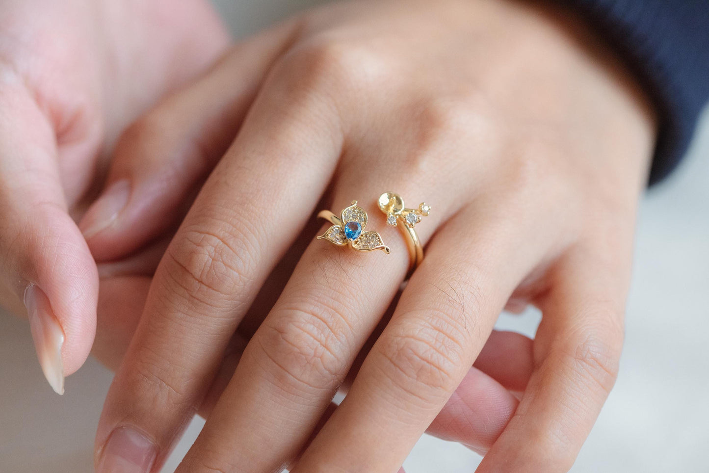 4pcs Blue CZ Pave Gold Flower Ring, Adjustable Ring Mounting, Pearl Ring Setting (#GB-4440)