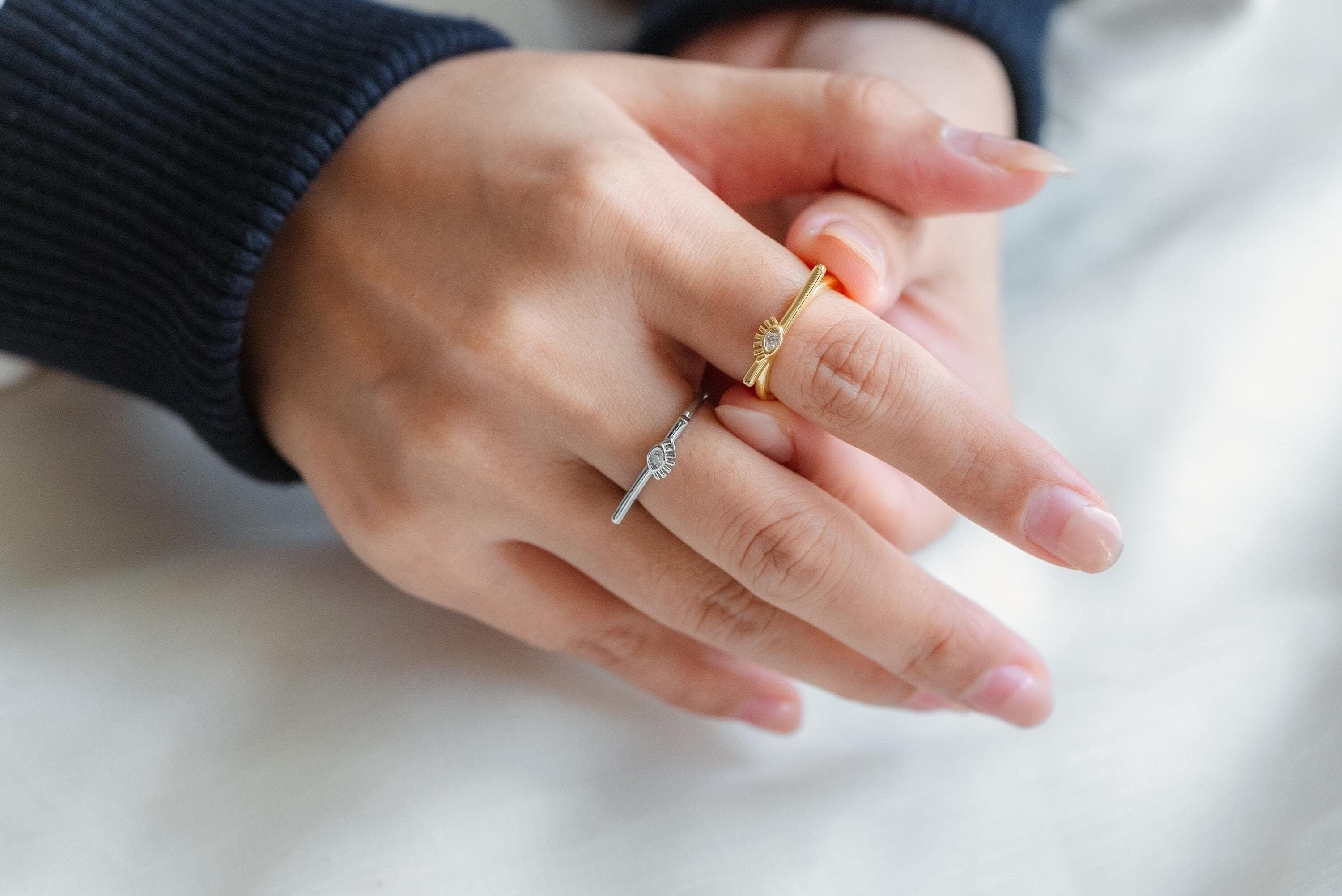 4pcs CZ Pave Gold/ Silver Tone Eye Ring, Bar Ring, Thin Ring, Everyday Ring, Fashion Rings, Dainty Rings, Adjustable Ring (#GB-4623)