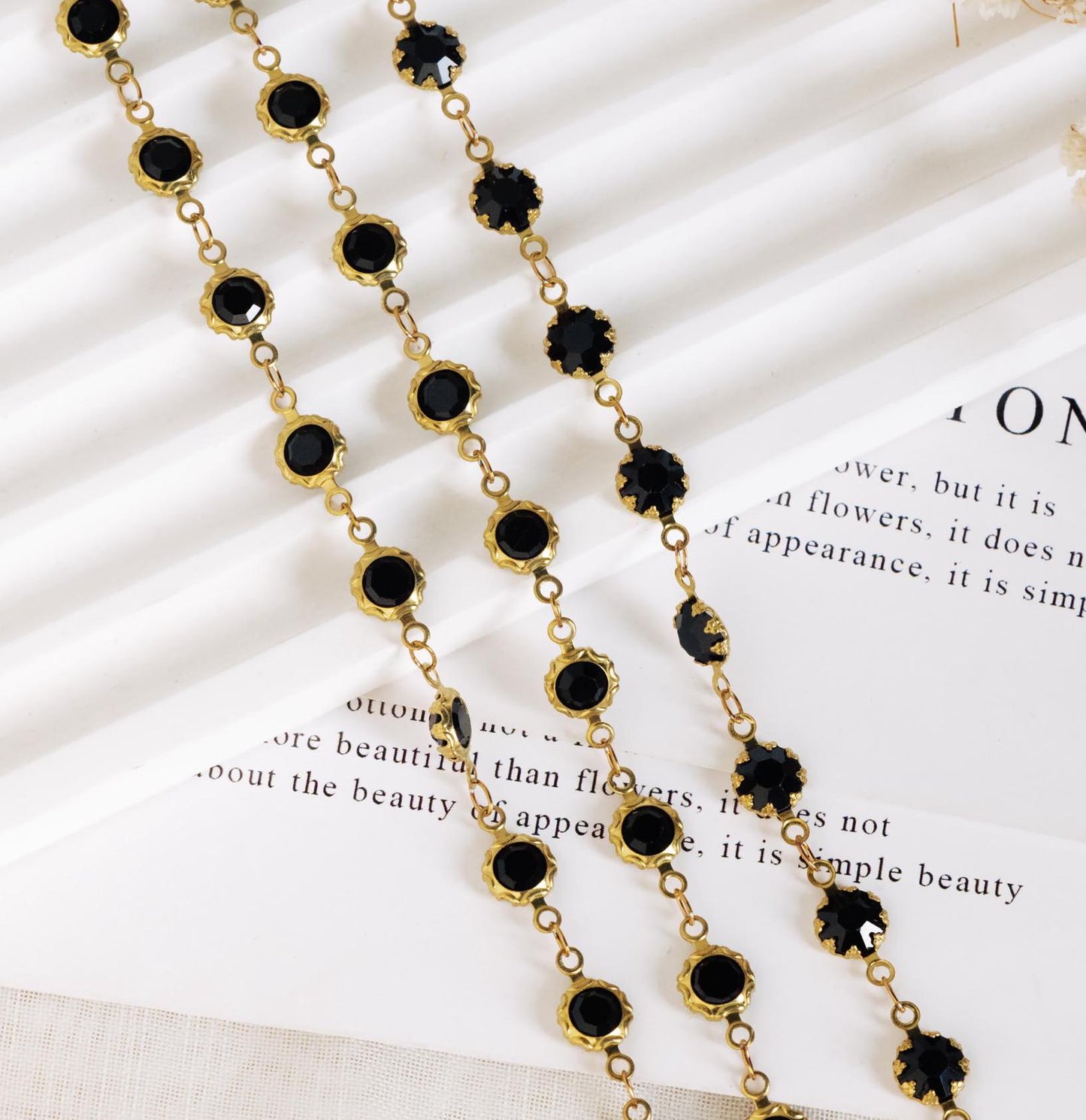 Unplated Raw Brass Designer Chain, Black/ Emerald Green Glass Flat Beaded Links 7mm (#LK-033)/ 1 Meter=3.3ft