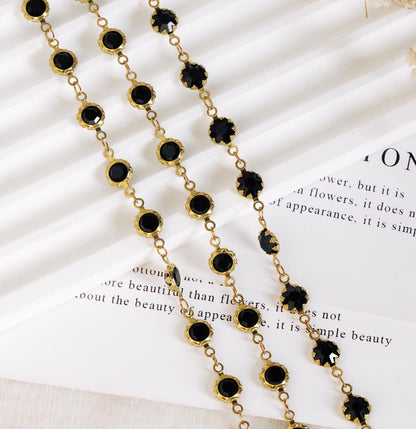 Unplated Raw Brass Designer Chain, Black/ Emerald Green Glass Flat Beaded Links 7mm (#LK-033)/ 1 Meter=3.3ft