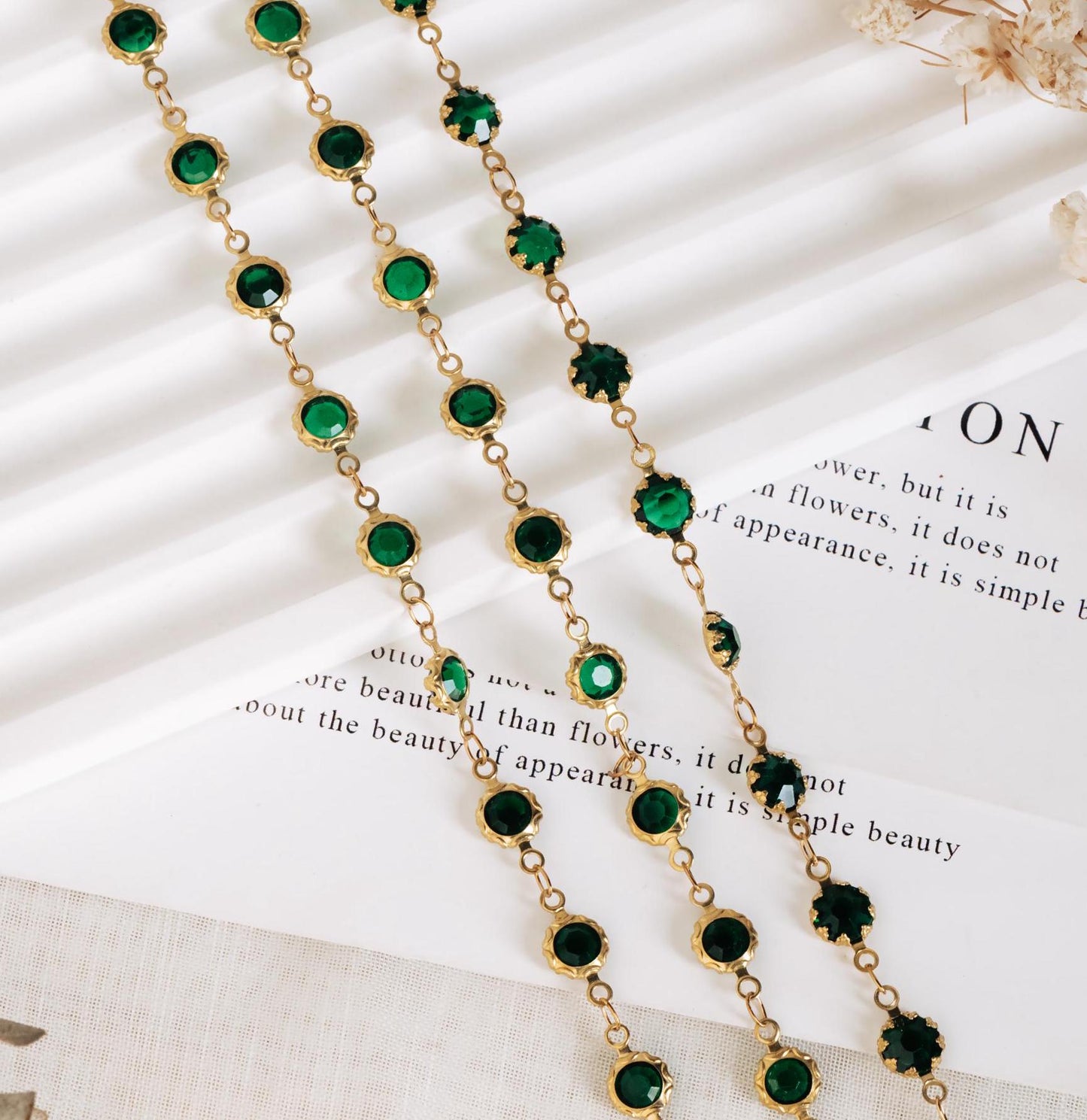 Unplated Raw Brass Designer Chain, Black/ Emerald Green Glass Flat Beaded Links 7mm (#LK-033)/ 1 Meter=3.3ft