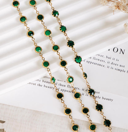 Unplated Raw Brass Designer Chain, Black/ Emerald Green Glass Flat Beaded Links 7mm (#LK-033)/ 1 Meter=3.3ft