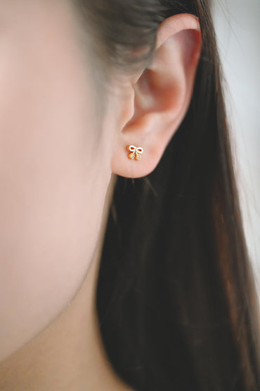 10pcs CZ Pave Gold Bowknot Earrings, 18K Real Gold plated Brass, Bow Knot Stud Earring (GB-4068)