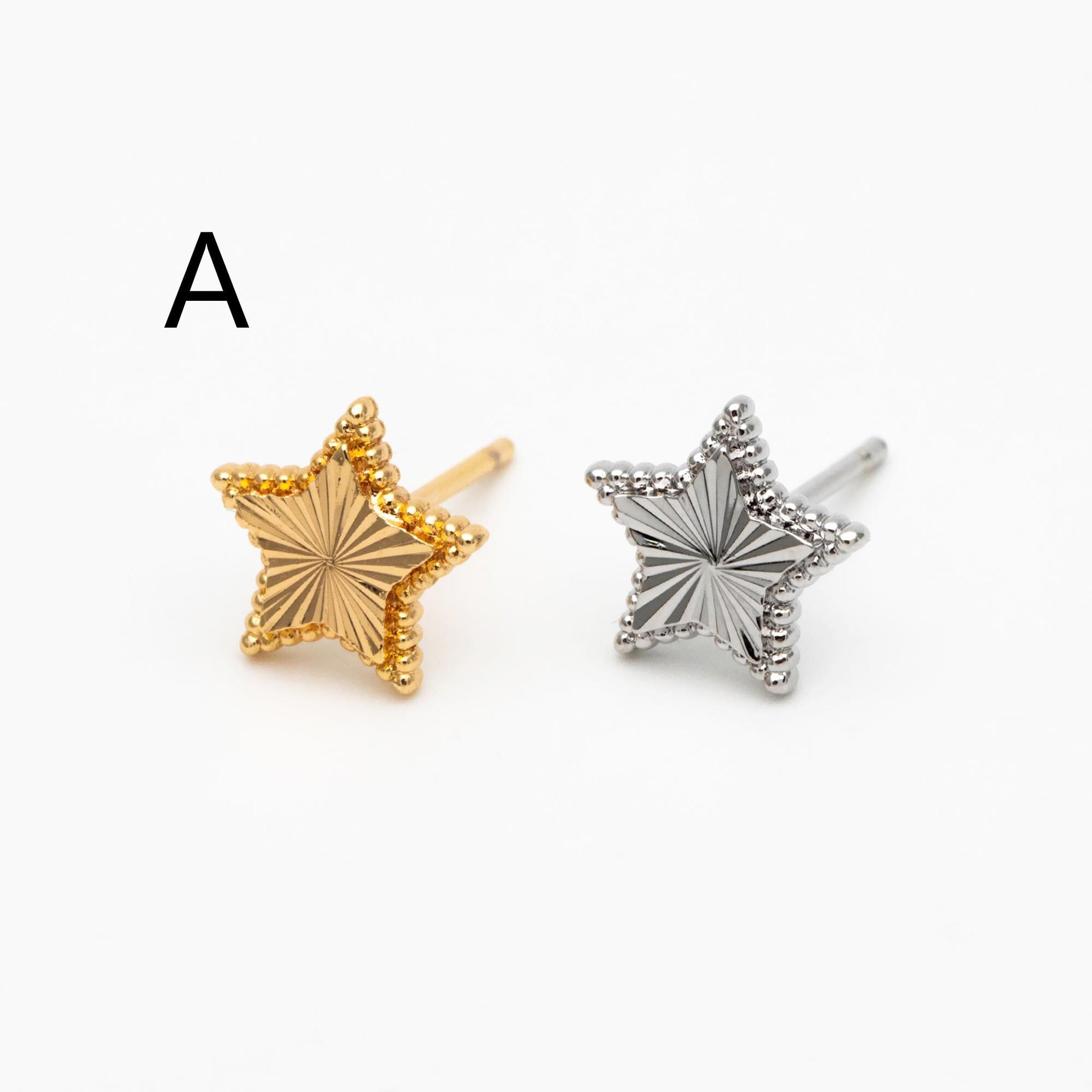 10pcs Gold/ Silver Tone Star/ Clover Earrings, Real Gold/ Rhodium plated Brass, Geometric Earring Studs (GB-4619)
