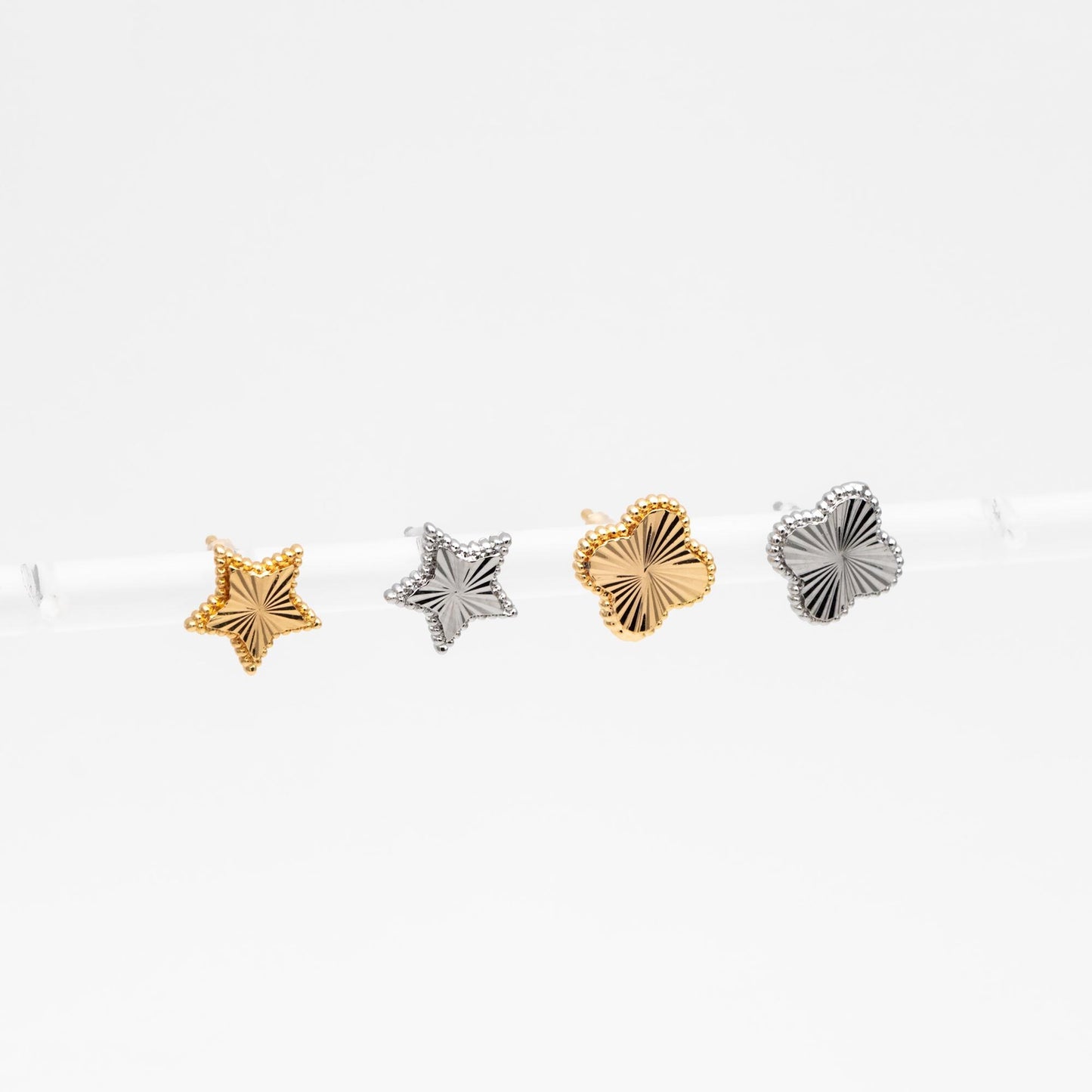 10pcs Gold/ Silver Tone Star/ Clover Earrings, Real Gold/ Rhodium plated Brass, Geometric Earring Studs (GB-4619)