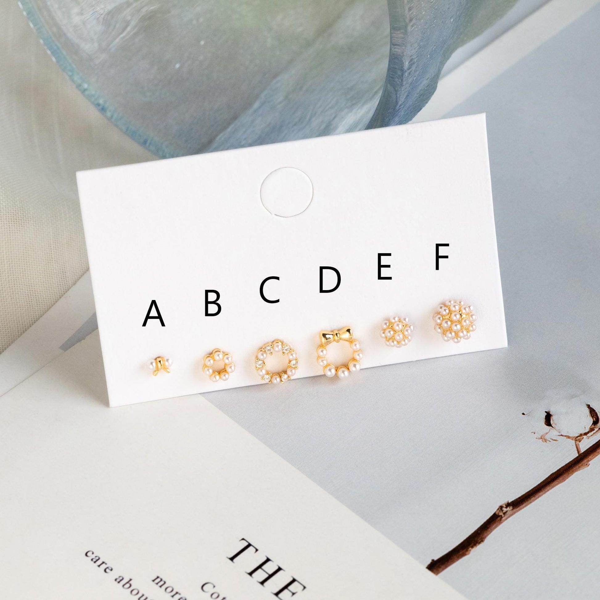 10pcs Gold Faux Pearl Earrings, Gold Plated Brass, Dainty Stud Earring (#GB-4632)