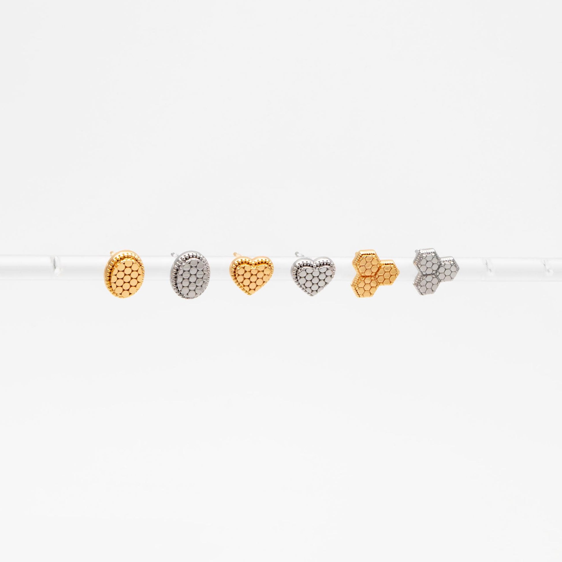 10pcs Gold/ Rhodium plated Geometric Earring: Oval/ Heart/ Honeycomb Stud Earrings (GB-4618)