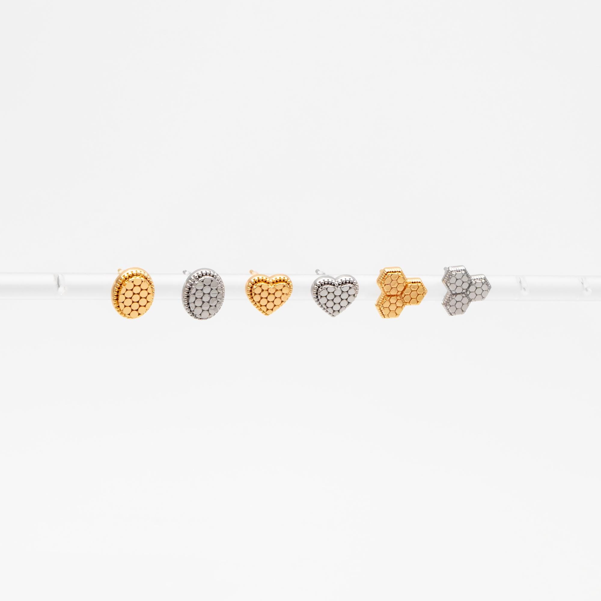 10pcs Gold/ Rhodium plated Geometric Earring: Oval/ Heart/ Honeycomb Stud Earrings (GB-4618)