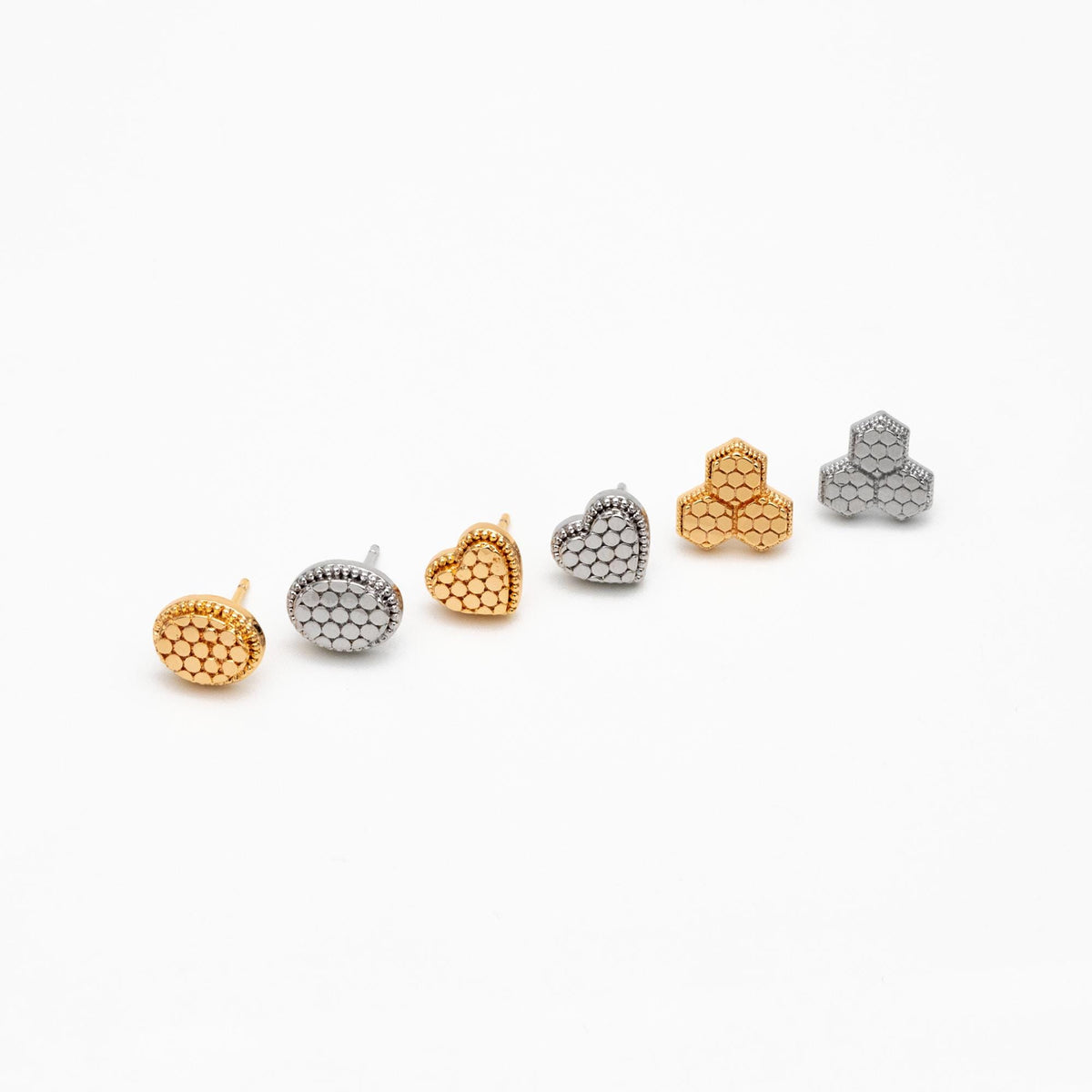 10pcs Gold/ Rhodium plated Geometric Earring: Oval/ Heart/ Honeycomb Stud Earrings (GB-4618)