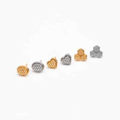 10pcs Gold/ Rhodium plated Geometric Earring: Oval/ Heart/ Honeycomb Stud Earrings (GB-4618)