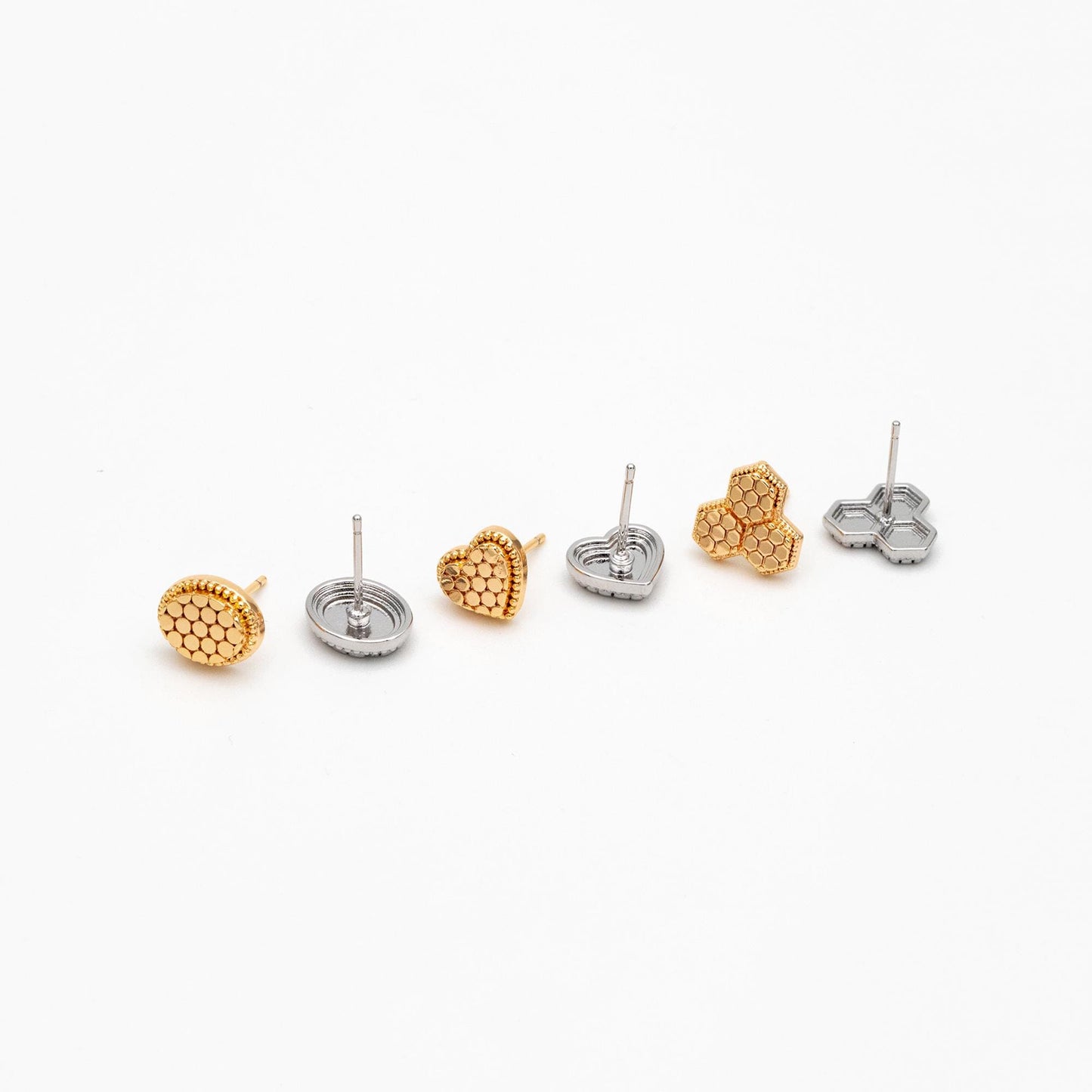 10pcs Gold/ Rhodium plated Geometric Earring: Oval/ Heart/ Honeycomb Stud Earrings (GB-4618)