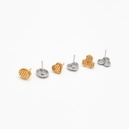 10pcs Gold/ Rhodium plated Geometric Earring: Oval/ Heart/ Honeycomb Stud Earrings (GB-4618)