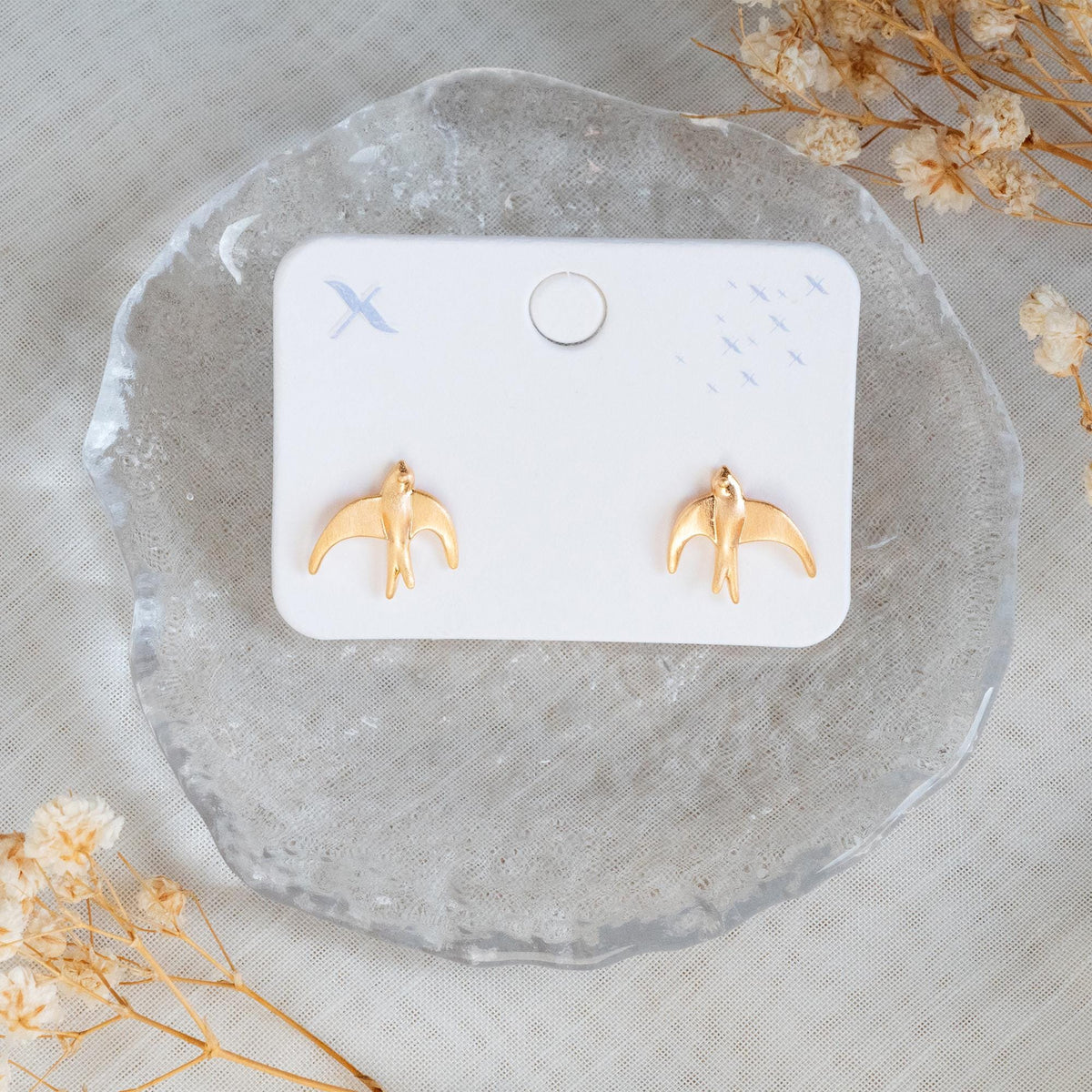 10pcs Gold Brushed Swallow Earrings 14x14mm, 18K Real Gold Plated Brass Bird Stud Earrings (GB-4620)
