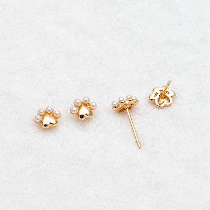 4pcs Gold/ Silver Faux Pearl Pet Paw Print Earrings, 18K Gold/ Rhodium Plated Brass, Minimalist Stud Earring (GB-4633)