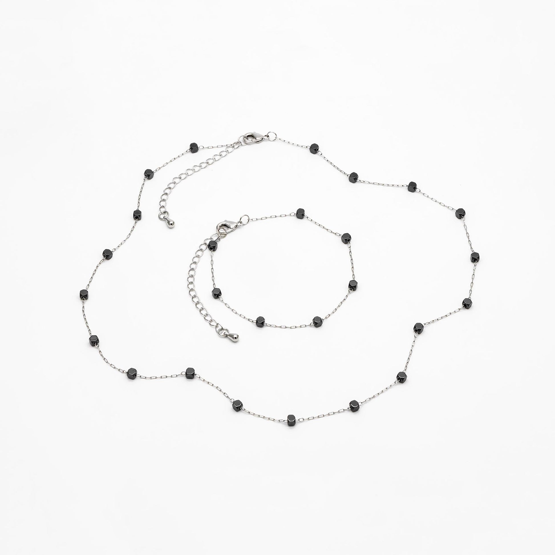 Cube Hematite Beaded Stainless Steel Chain, Adjustable Bracelet/ Anklet/ Necklace, Ready to Wear (#LK-380-8)