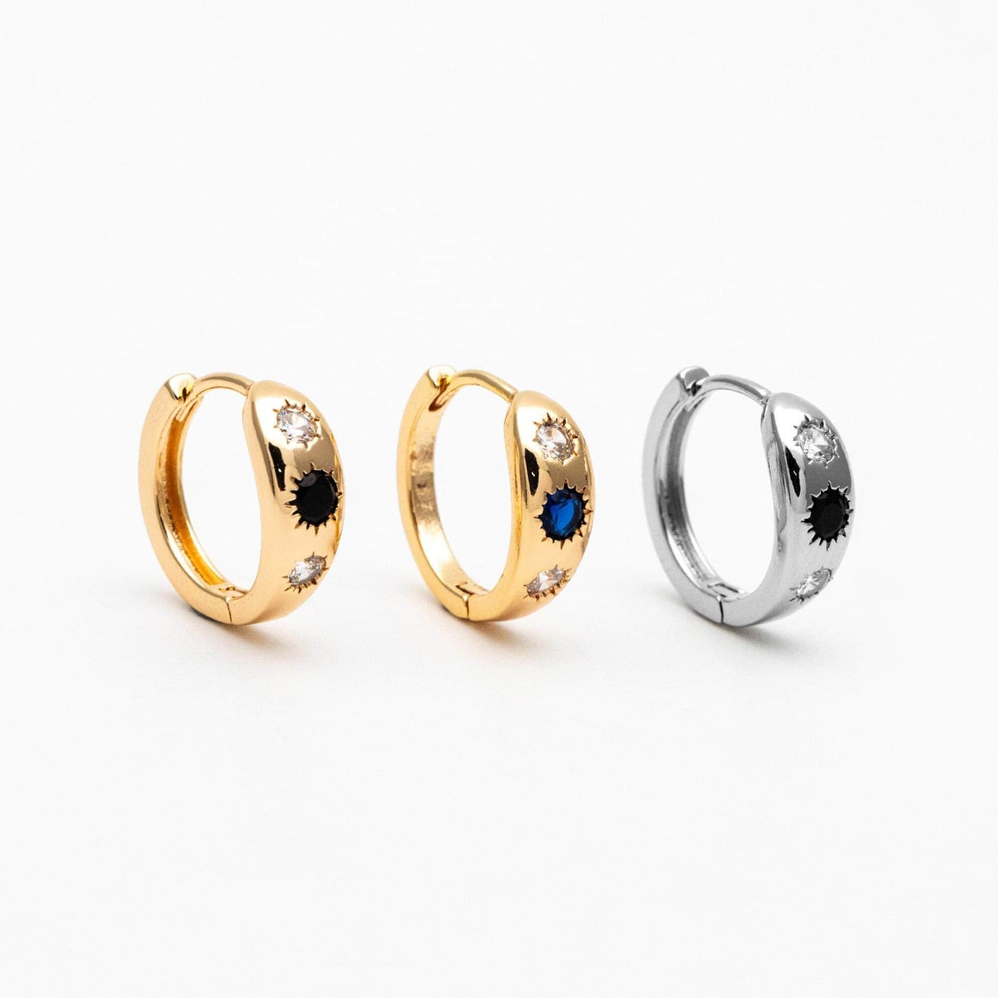 4pcs Black/ Blue CZ Pave Sun Hoop Earrings, Dainty Huggie Earrings, Minimalist Earring, Gold Hoops Earring (GB-3800)