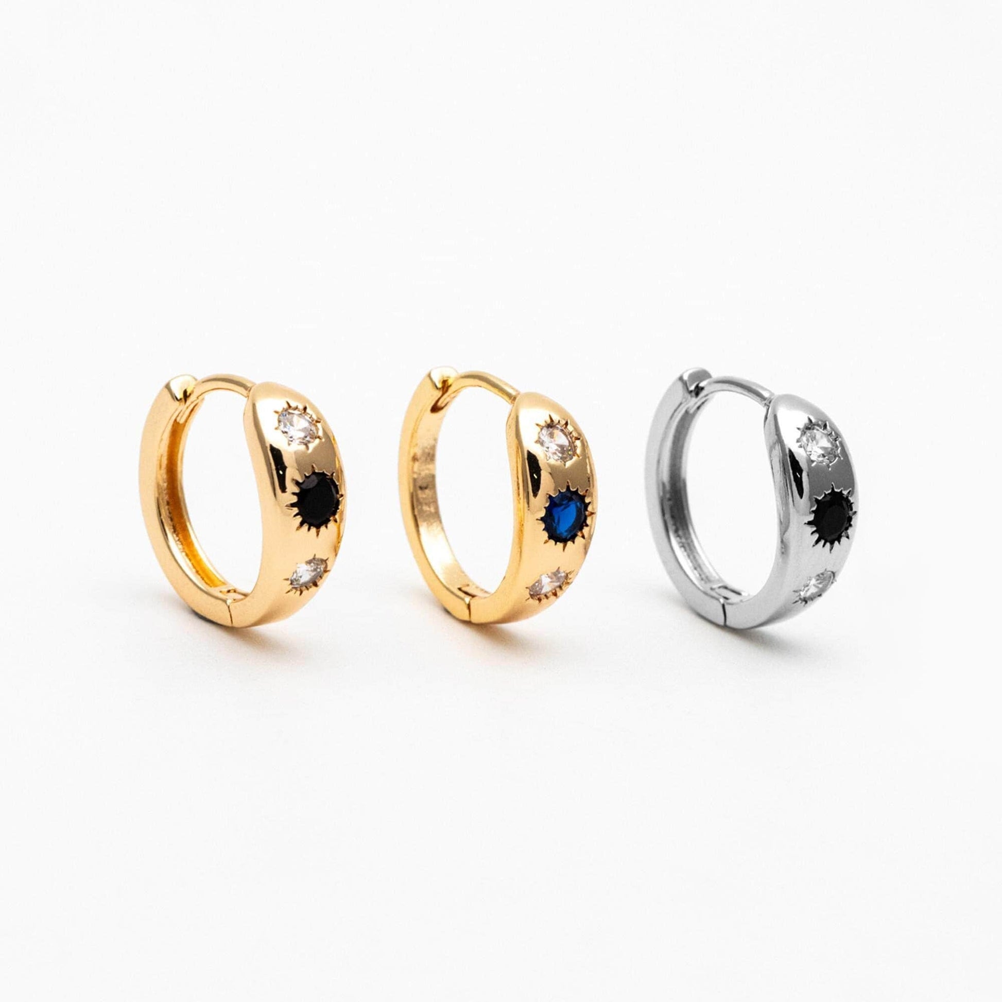 4pcs Black/ Blue CZ Pave Sun Hoop Earrings, Dainty Huggie Earrings, Minimalist Earring, Gold Hoops Earring (GB-3800)