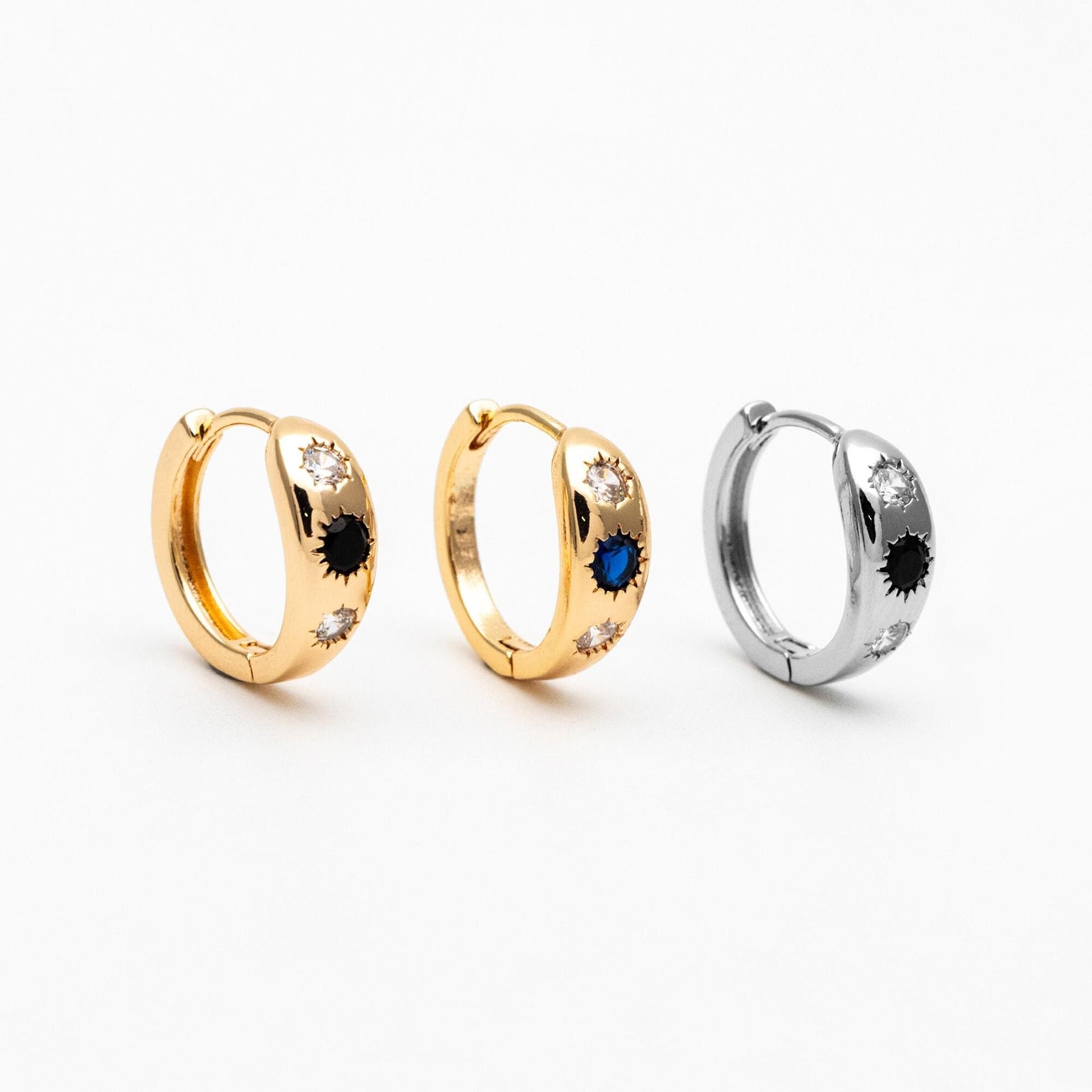 4pcs Black/ Blue CZ Pave Sun Hoop Earrings, Dainty Huggie Earrings, Minimalist Earring, Gold Hoops Earring (GB-3800)