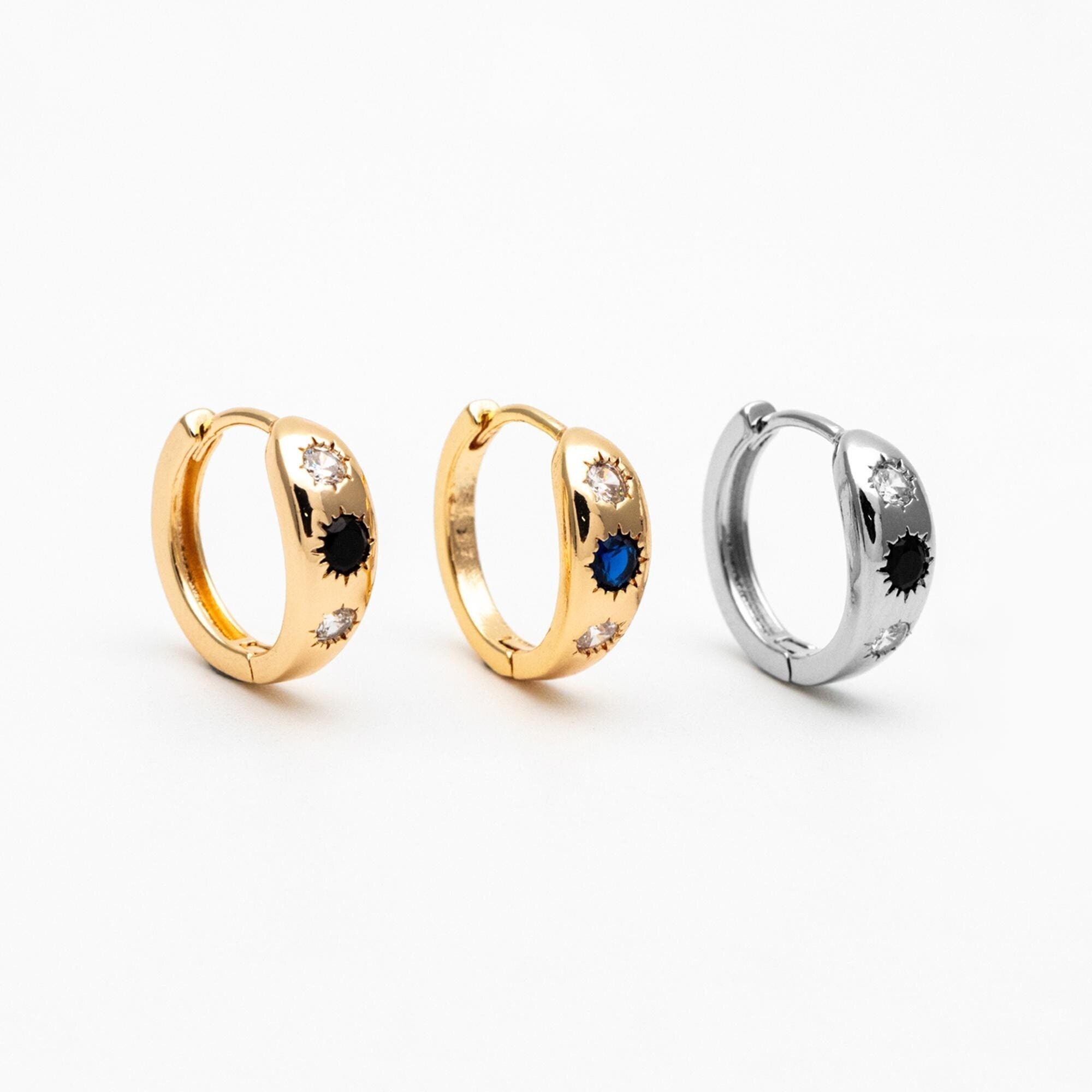 4pcs Black/ Blue CZ Pave Sun Hoop Earrings, Dainty Huggie Earrings, Minimalist Earring, Gold Hoops Earring (GB-3800)