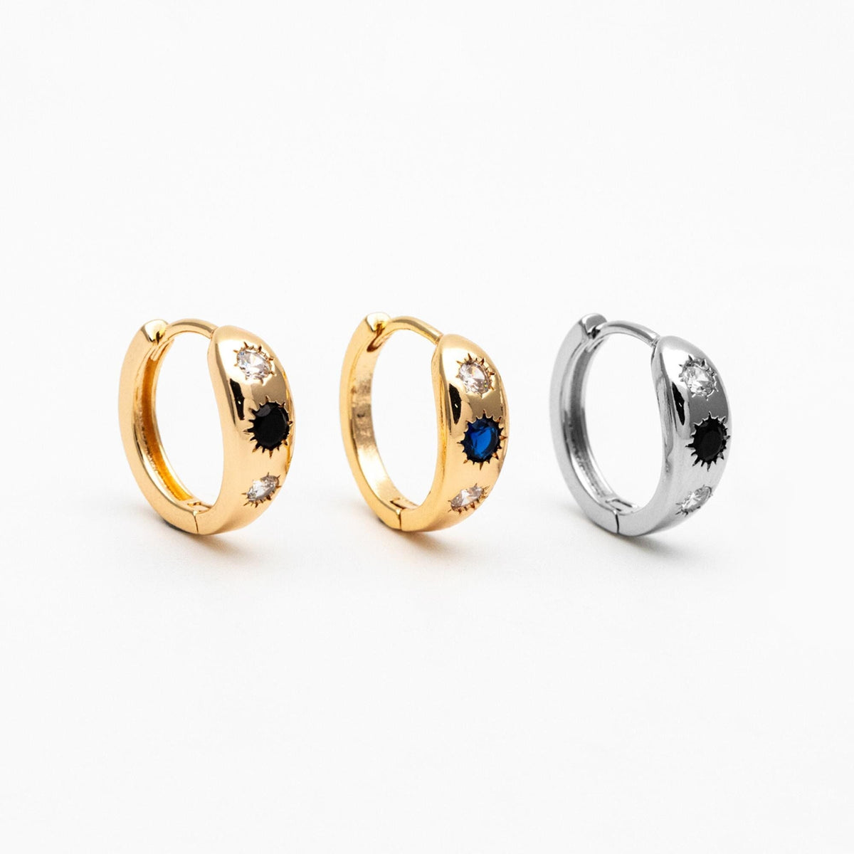 4pcs Black/ Blue CZ Pave Sun Hoop Earrings, Dainty Huggie Earrings, Minimalist Earring, Gold Hoops Earring (GB-3800)