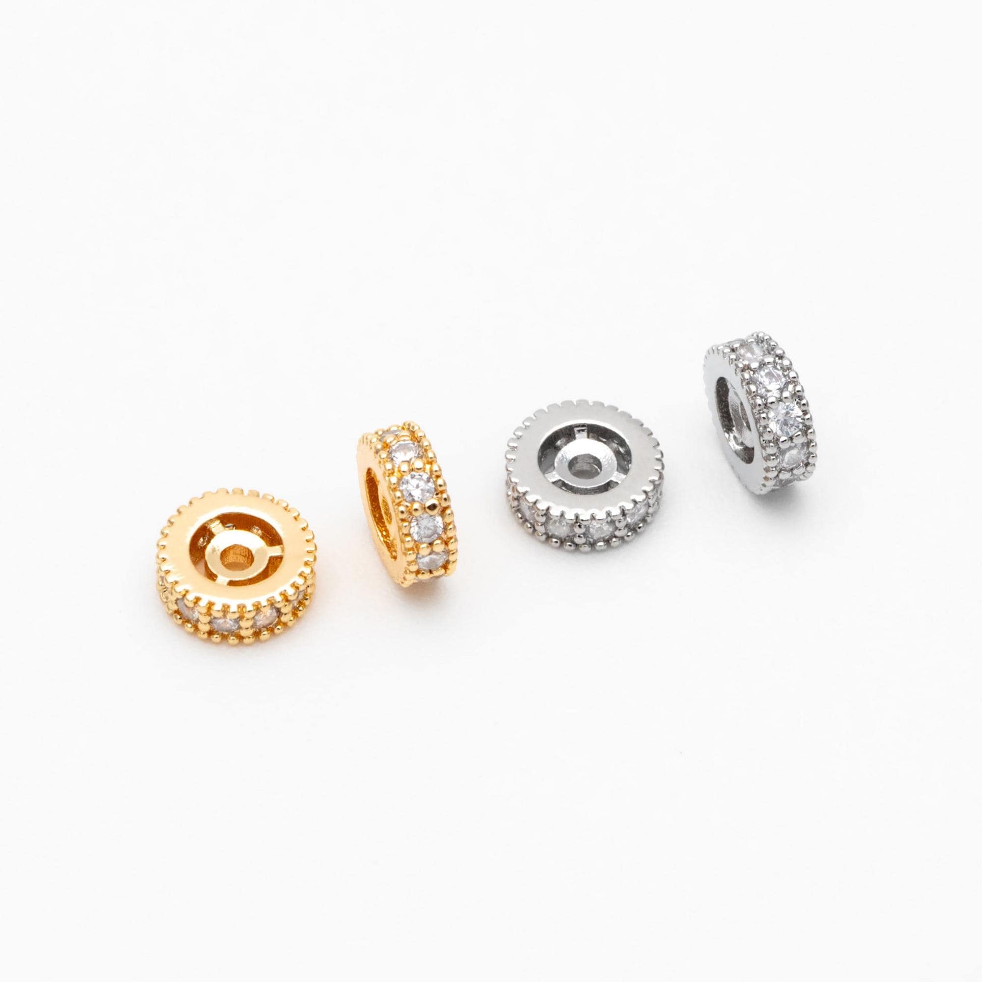 4pcs CZ Pave Gold/ Silver Spacers 6mm, Real Gold/ Rhodium plated Brass Rondelle Beads (GB-182)