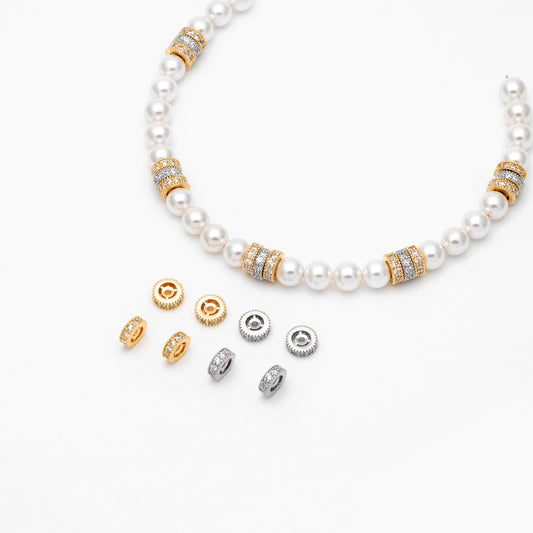 4pcs CZ Pave Gold/ Silver Spacers 6mm, Real Gold/ Rhodium plated Brass Rondelle Beads (GB-182)