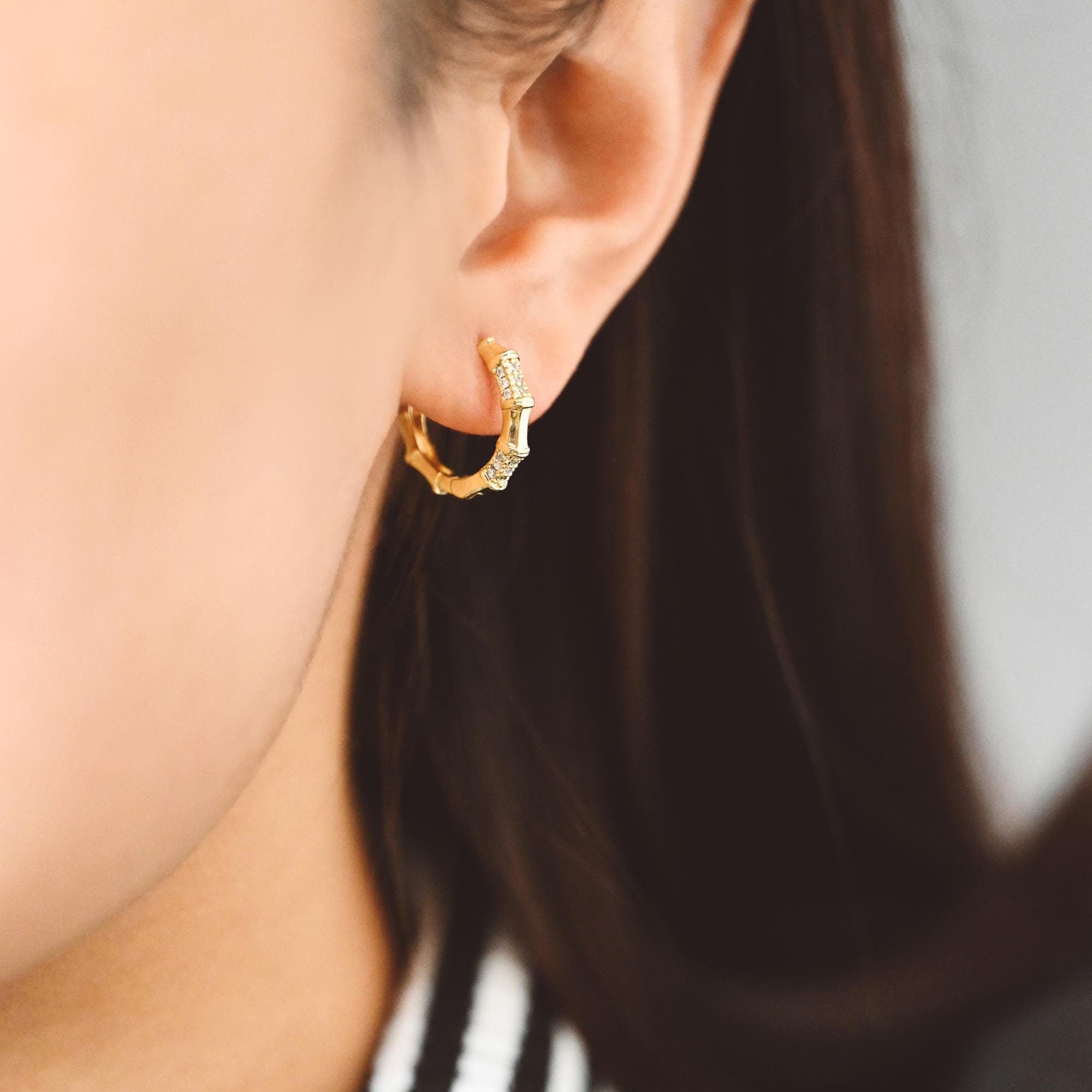 4pcs CZ Pave Gold Bamboo Hoop Earrings, Gold plated Brass, Dainty Bamboo Earrings, Gold Hoops (GB-3597)