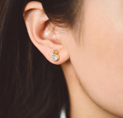 10pcs CZ Pave Round Trinity Ear Posts 10x6mm, Gold Plated Brass Dainty Stud Earrings (GB-3526-D)