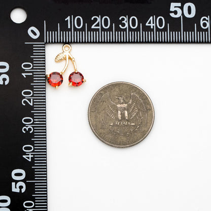 4pcs Red CZ Pave Gold Cherry Charms, Real Gold plated Brass, Earring Charms (GB-2612-B)