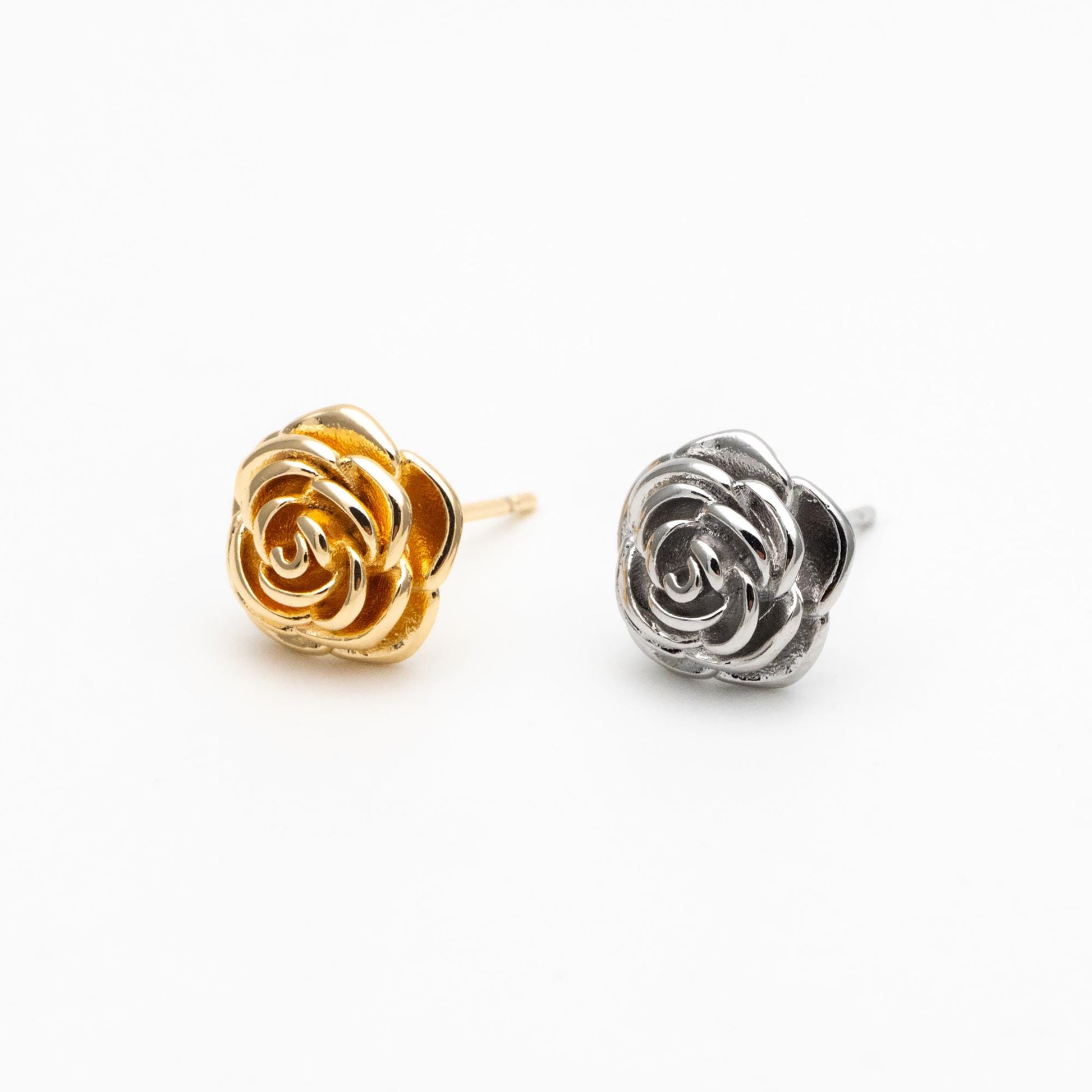 4pcs Gold/ Silver Tone Camellia Earrings, 10mm, Gold/ Rhodium Plated Brass, Flower Stud Earrings (GB-4626)