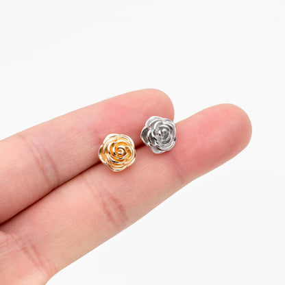 4pcs Gold/ Silver Tone Camellia Earrings, 10mm, Gold/ Rhodium Plated Brass, Flower Stud Earrings (GB-4626)