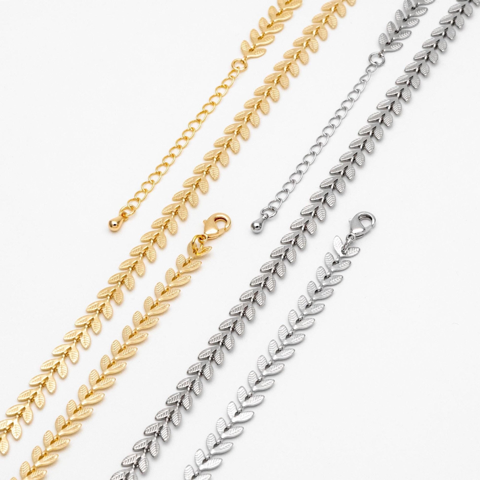 Gold/ Rhodium plated Brass Chevron Leaf Chain 6.3mm, Finished Bracelet/ Anklet/ Necklace with Extender Chain, Ready to Wear (#LK-153-1)