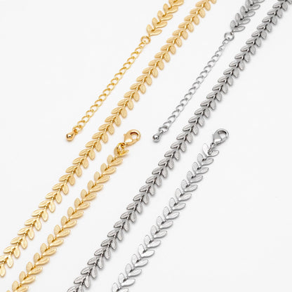 Gold/ Rhodium plated Brass Chevron Leaf Chain 6.3mm, Finished Bracelet/ Anklet/ Necklace with Extender Chain, Ready to Wear (#LK-153-1)