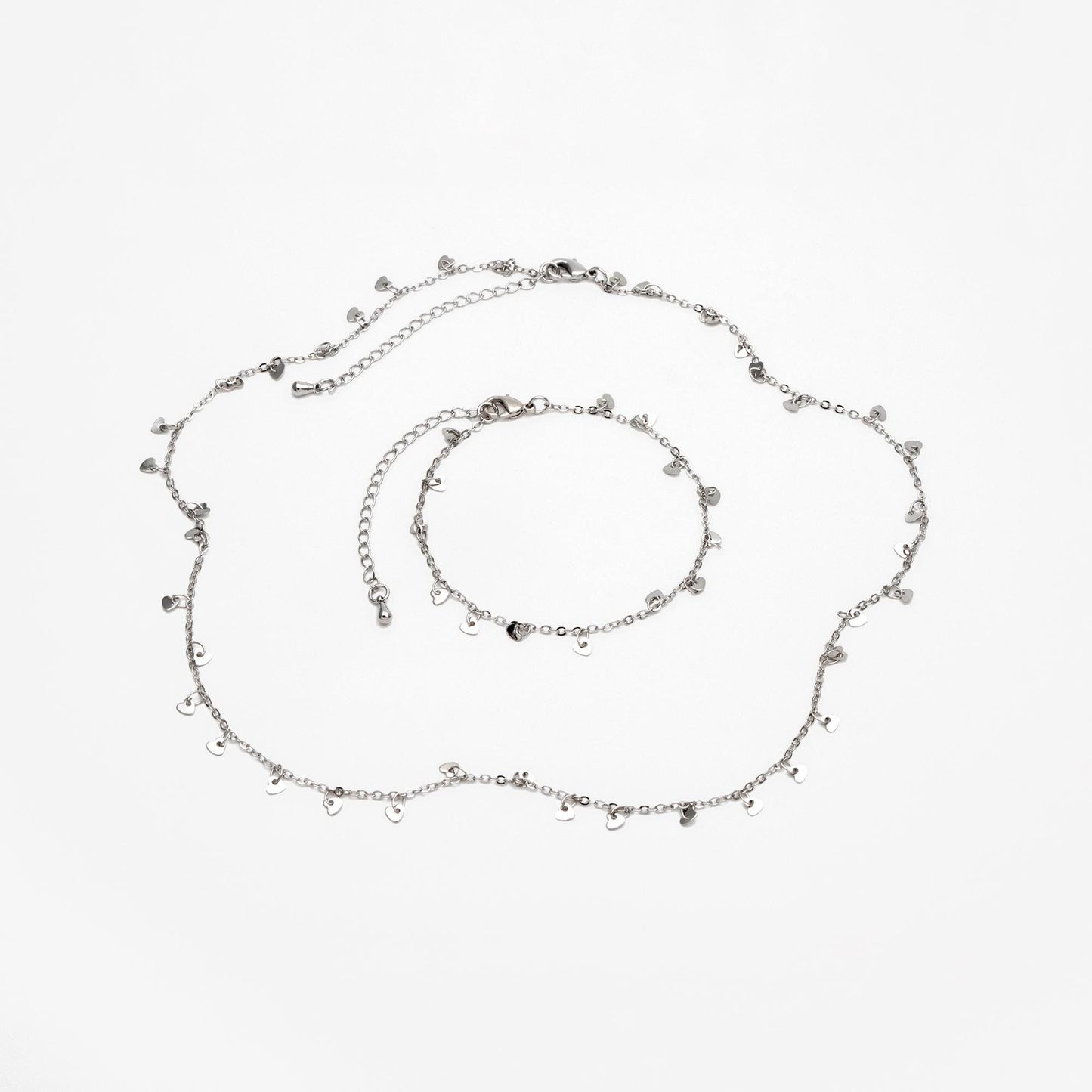 Silver tone Cable Chain with Dangling Heart Disc Charms, Finished Bracelet/ Anklet/ Necklace with Extender Chain, Ready to Wear (#LK-459-2)