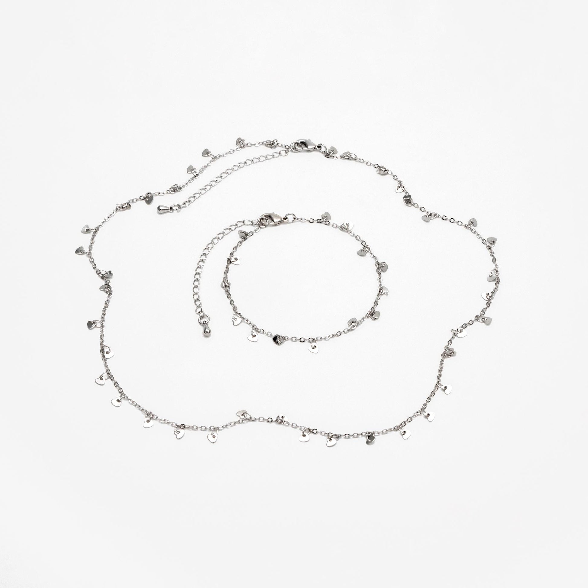 Silver tone Cable Chain with Dangling Heart Disc Charms, Finished Bracelet/ Anklet/ Necklace with Extender Chain, Ready to Wear (#LK-459-2)