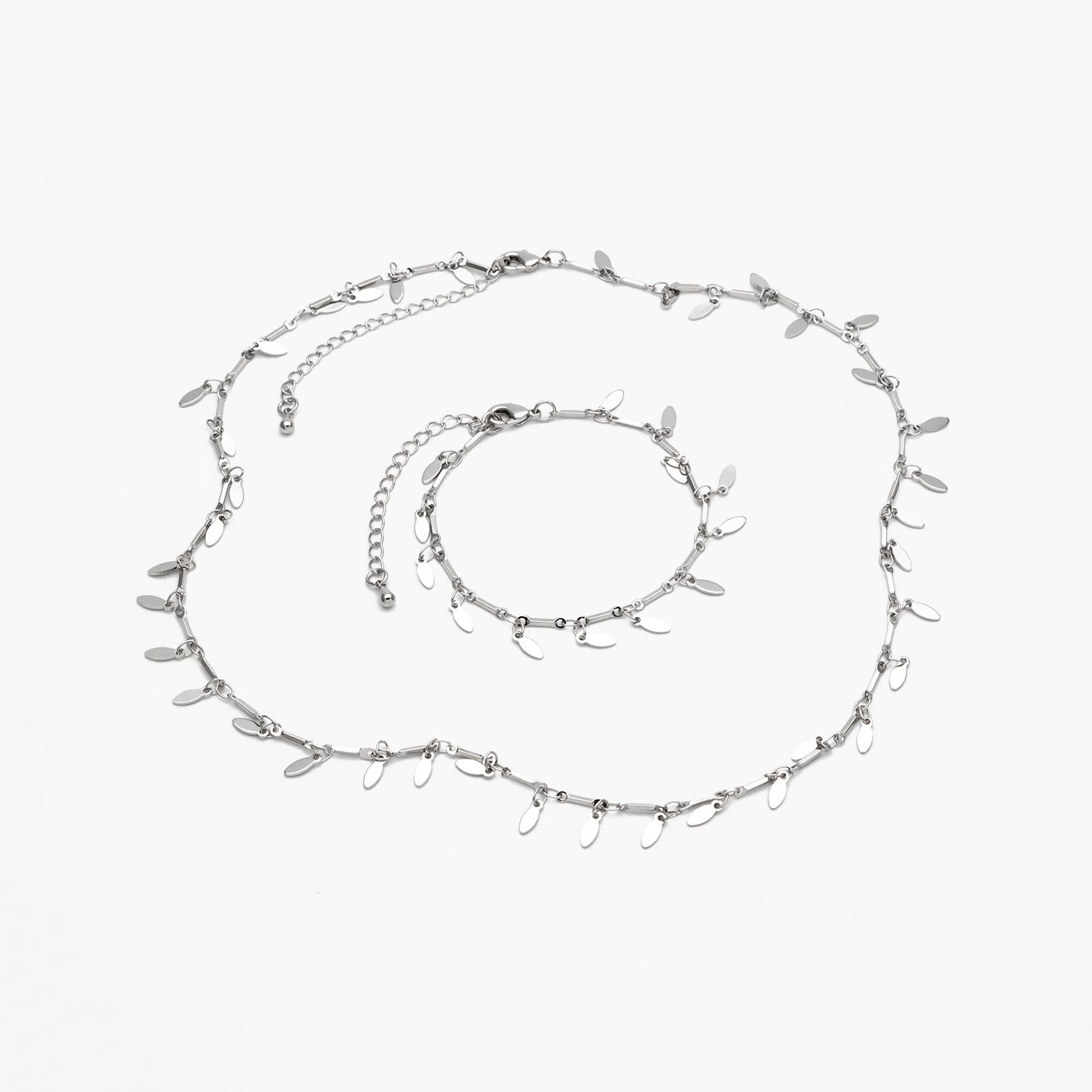 Silver Tone Bar Chain Bracelet: Dangling Oval Disc Chains, Adjustable Extender (#LK-460-2)