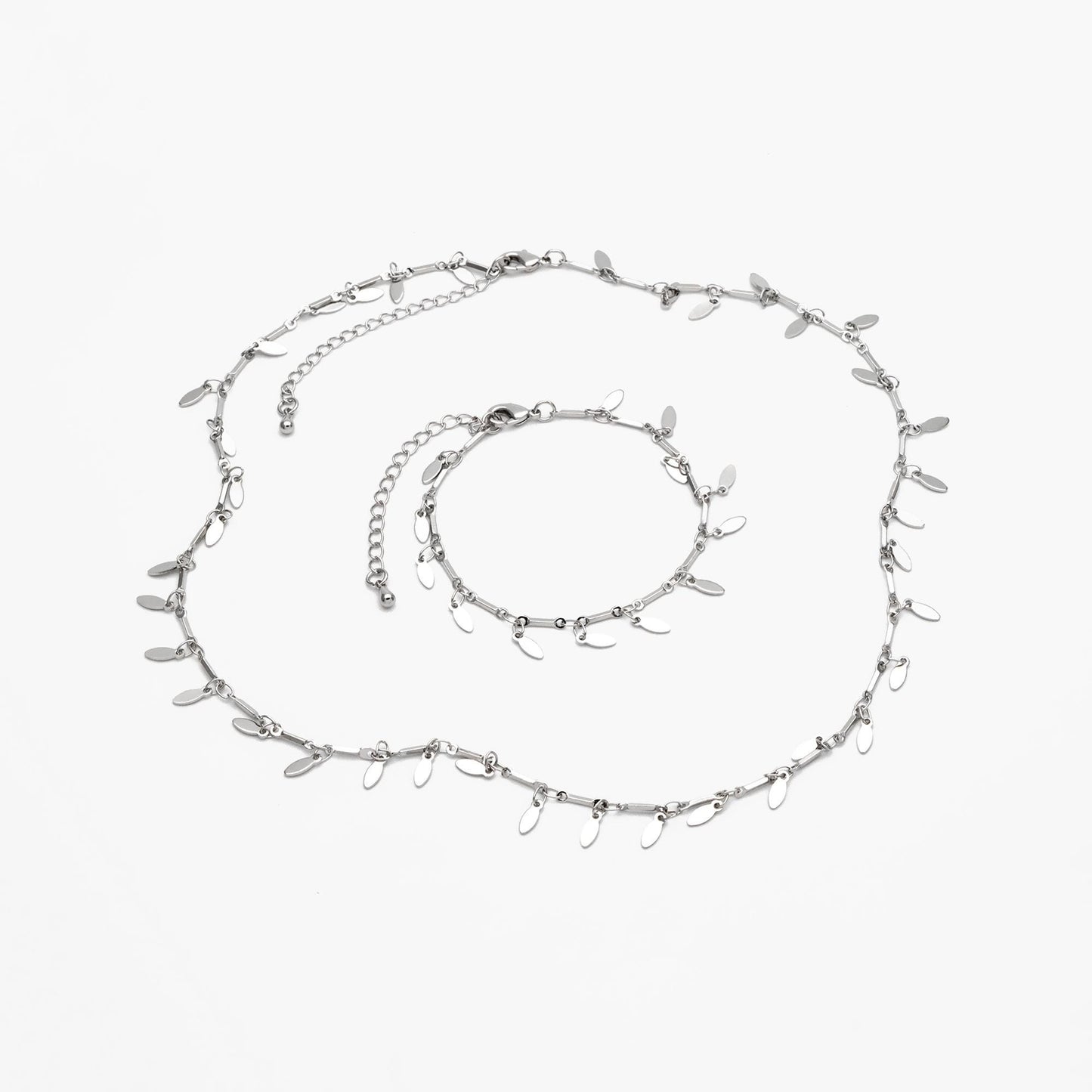 Silver Tone Bar Chain Bracelet: Dangling Oval Disc Chains, Adjustable Extender (#LK-460-2)