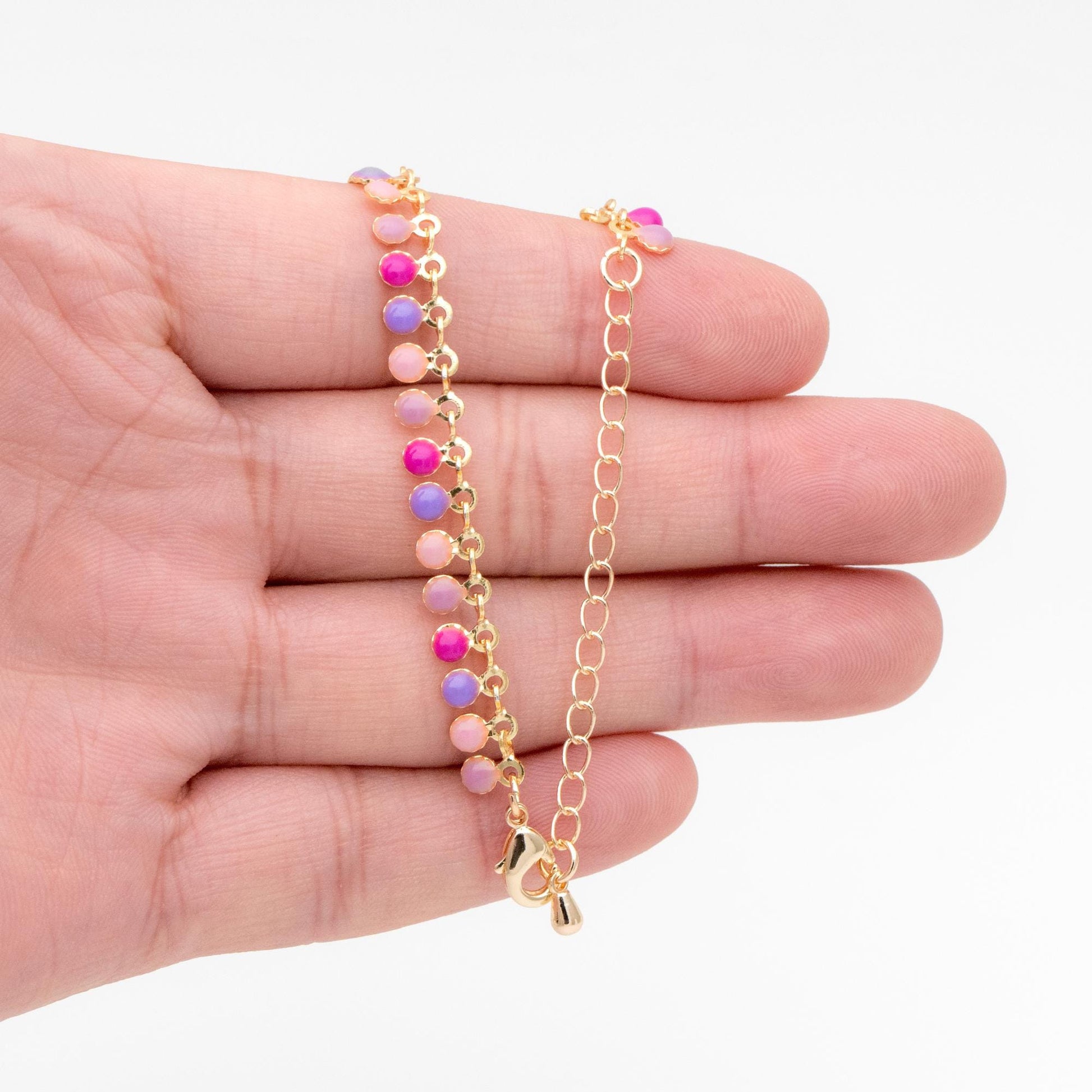 Purple/ Green Enamel Disc Chain, Finished Bracelet/ Anklet/ Necklace with Extender Chain, 16-18 inch Adjustable, Ready to Wear (#LK-619)