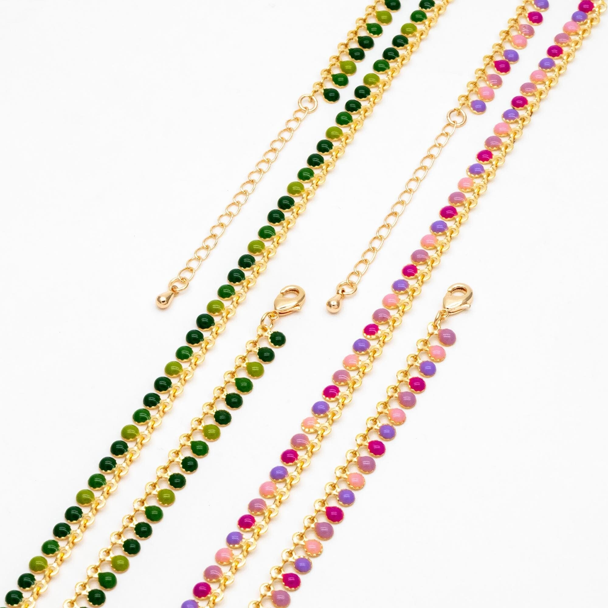 Purple/ Green Enamel Disc Chain, Finished Bracelet/ Anklet/ Necklace with Extender Chain, 16-18 inch Adjustable, Ready to Wear (#LK-619)
