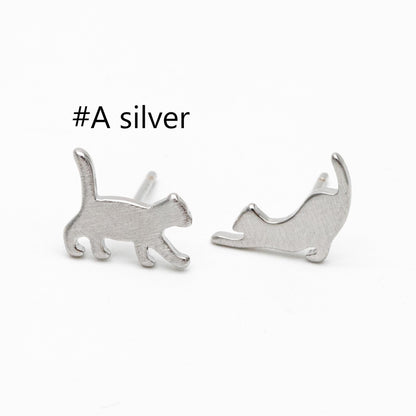 10pcs Gold/ Silver Cat Asymmetry Earrings, Gold/ Rhodium Plated Brass Minimalist Stud Earrings (GB-4094)