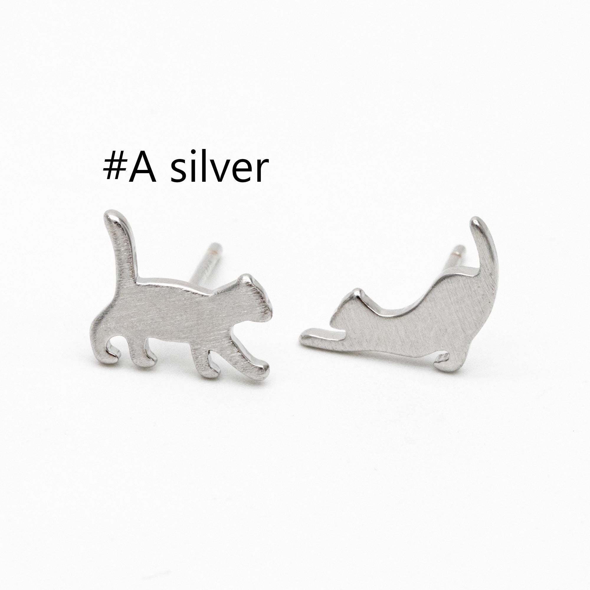 10pcs Gold/ Silver Cat Asymmetry Earrings, Gold/ Rhodium Plated Brass Minimalist Stud Earrings (GB-4094)