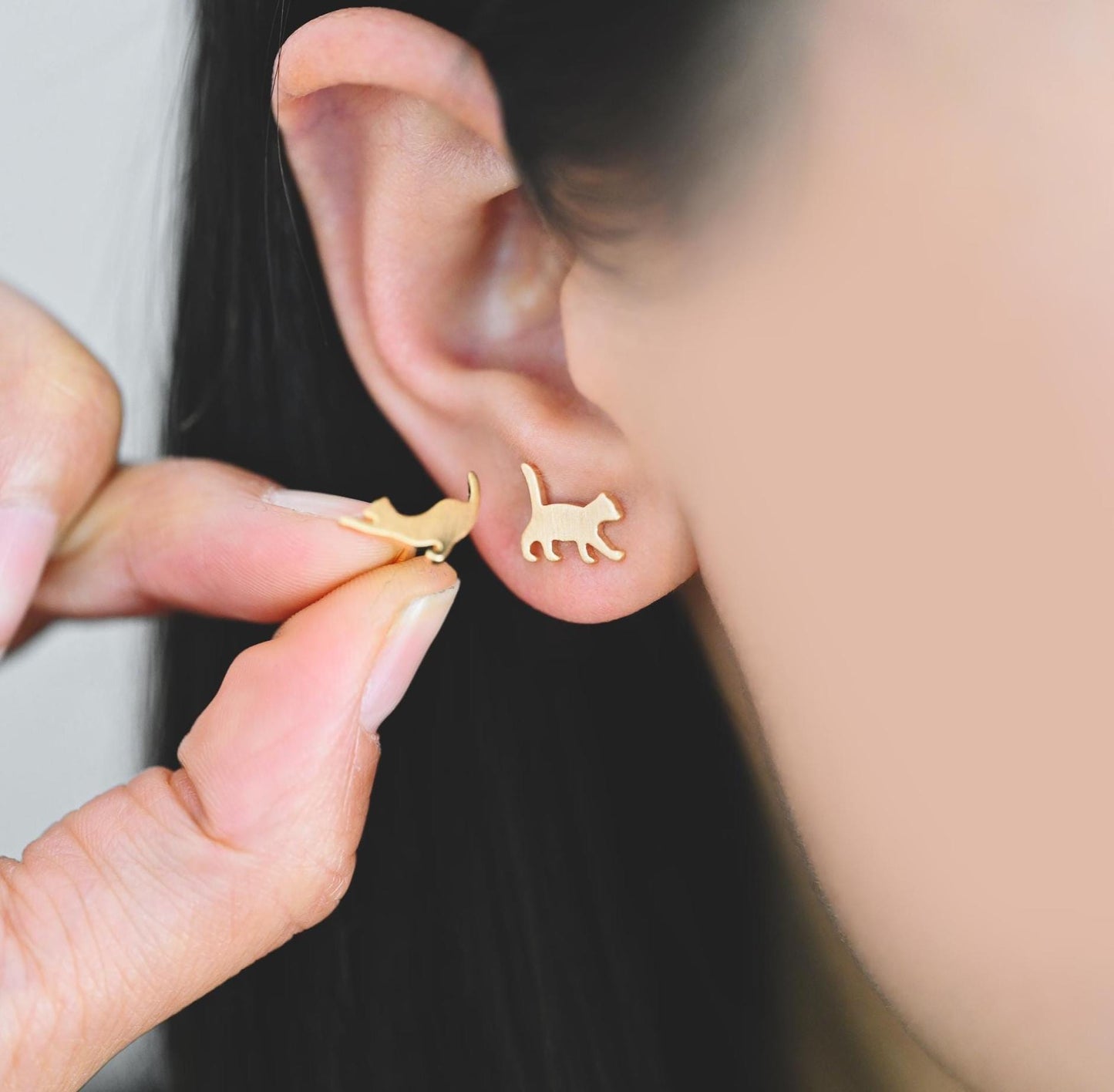 10pcs Gold/ Silver Cat Asymmetry Earrings, Gold/ Rhodium Plated Brass Minimalist Stud Earrings (GB-4094)