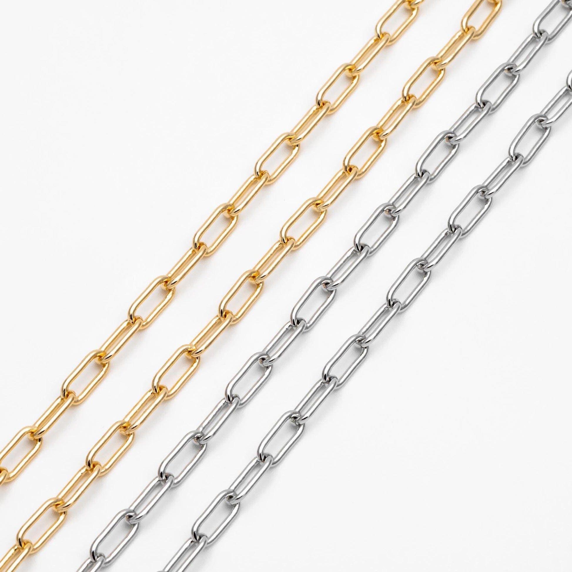 Gold/ Silver Paperclip Chain Chains, Link Size 4x9.5mm, Gold/ Rhodium plated Brass, Quality Craft Jewelry Supplies(#LK-446)/ 1 Meter=3.3 ft