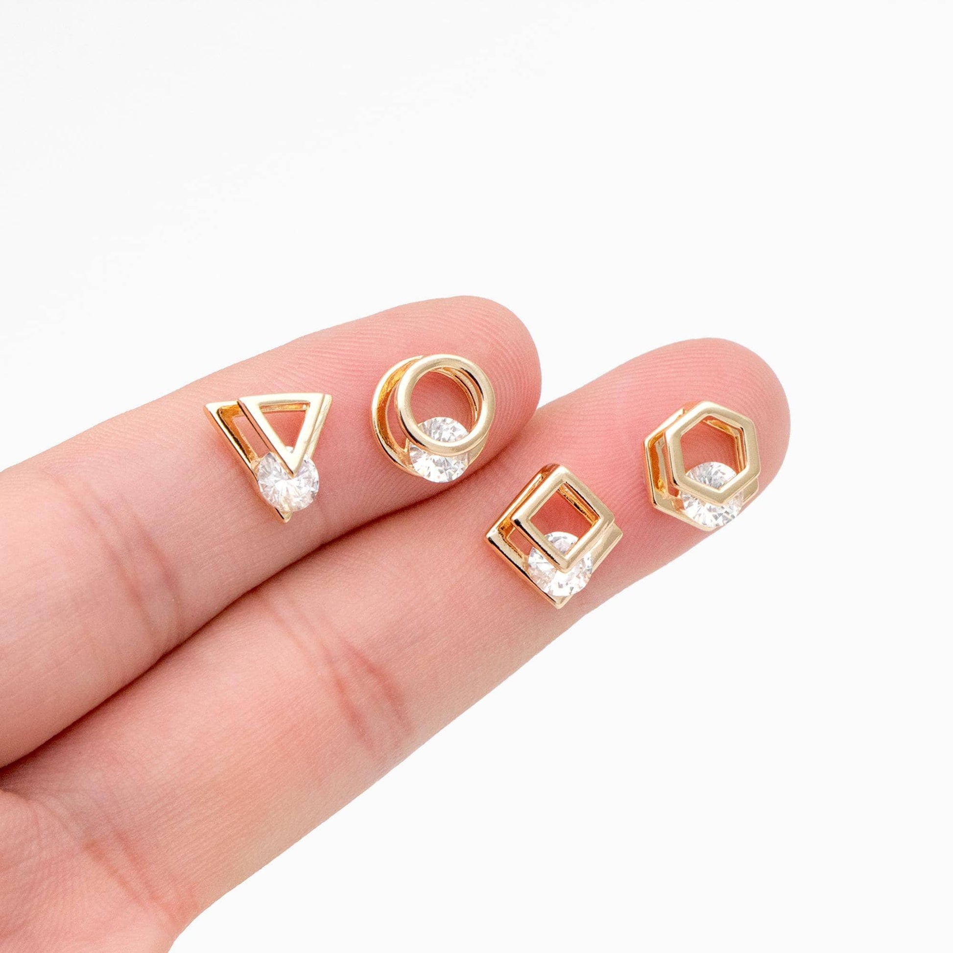 10pcs CZ Pave Gold Geometric Beads, Gold plated Brass Charm Links, Triangle Round Square Hexagon (GB-417)