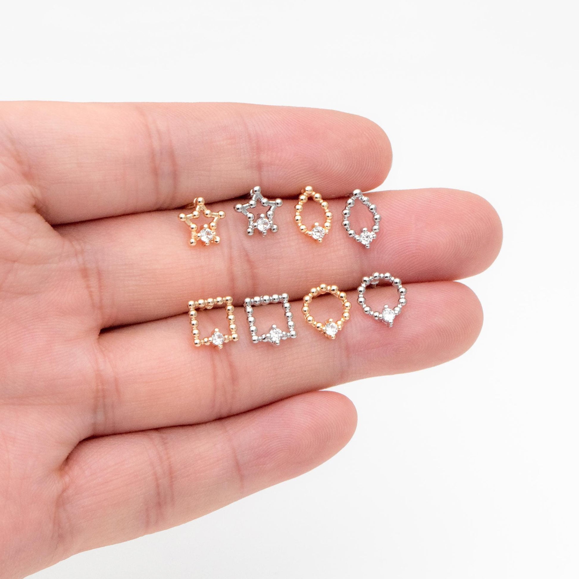 10pcs CZ Pave Gold/ Silver Tone Star/ Teardrop/ Square/ Circle Earrings, Gold/ Rhodium Plated Brass, Dainty Geometric Earrings (GB-4625)